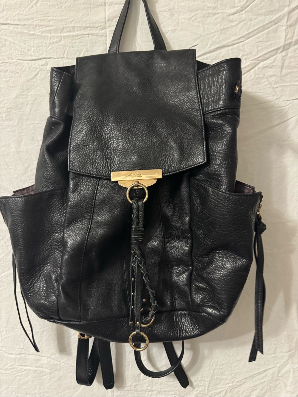 Black Leather Tassel Backpack Tote - Women's Bag